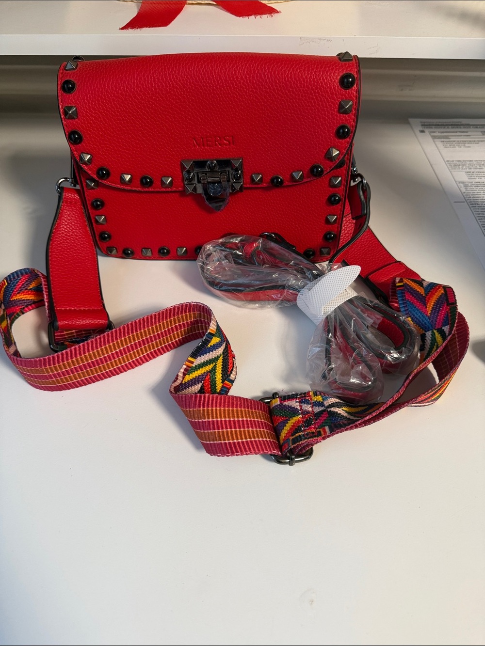 Valextra Vibrant Red Leather Crossbody with Multicolor Woven Strap